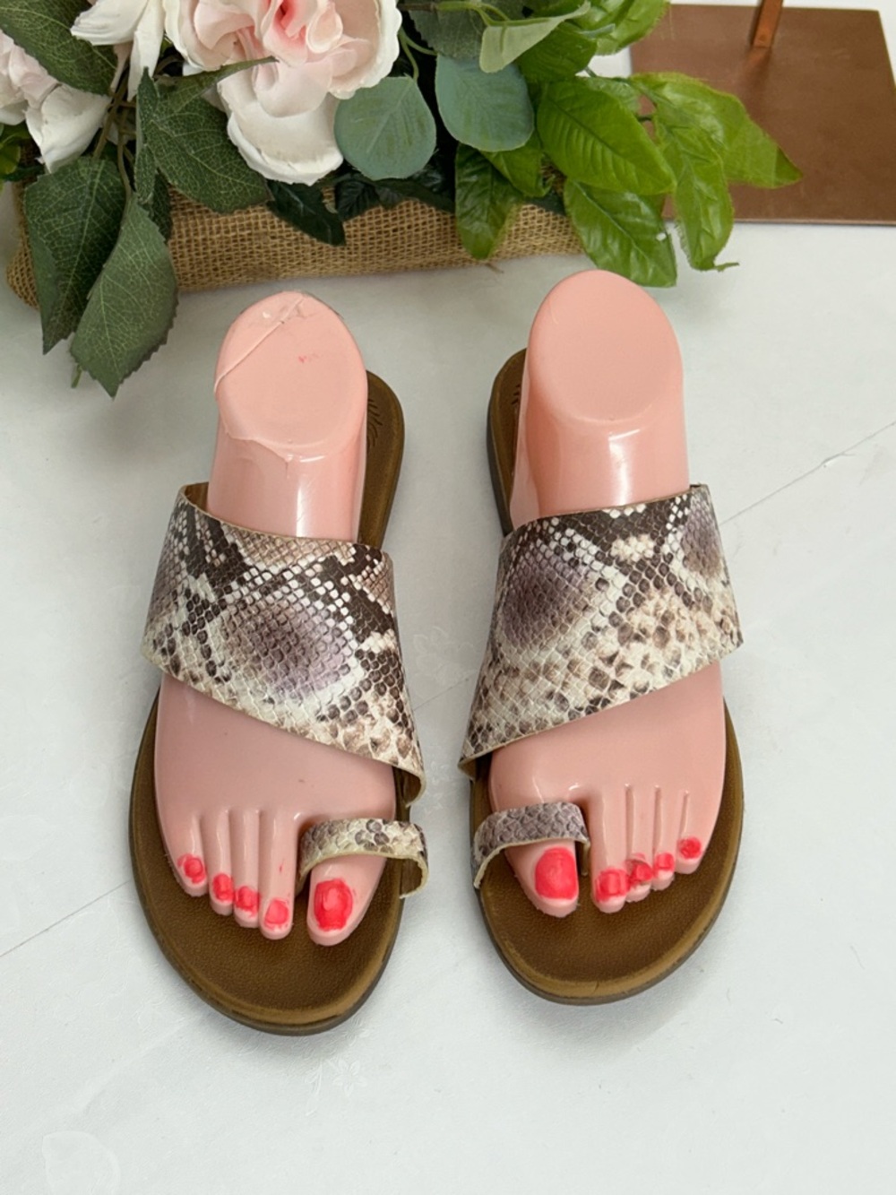 Snake-Print Toe-Loop Slide Sandals - Brown